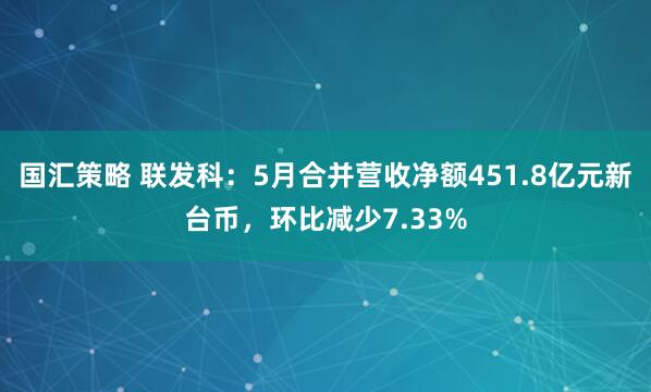 国汇策略 联发科：5月合并营收净额451.8亿元新台币，环比减少7.33%